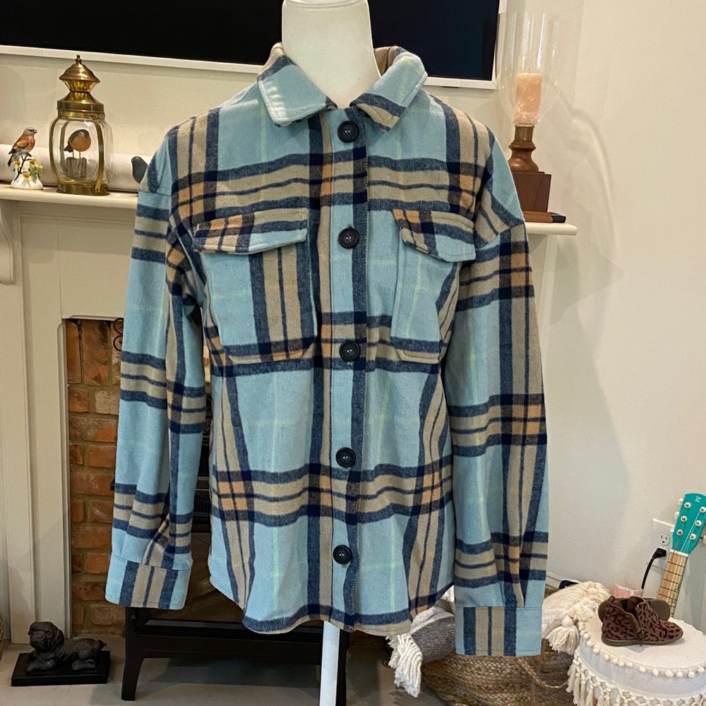 Avec Les Filles Blue and Tan Plaid Flannel Oversized Jacket size S